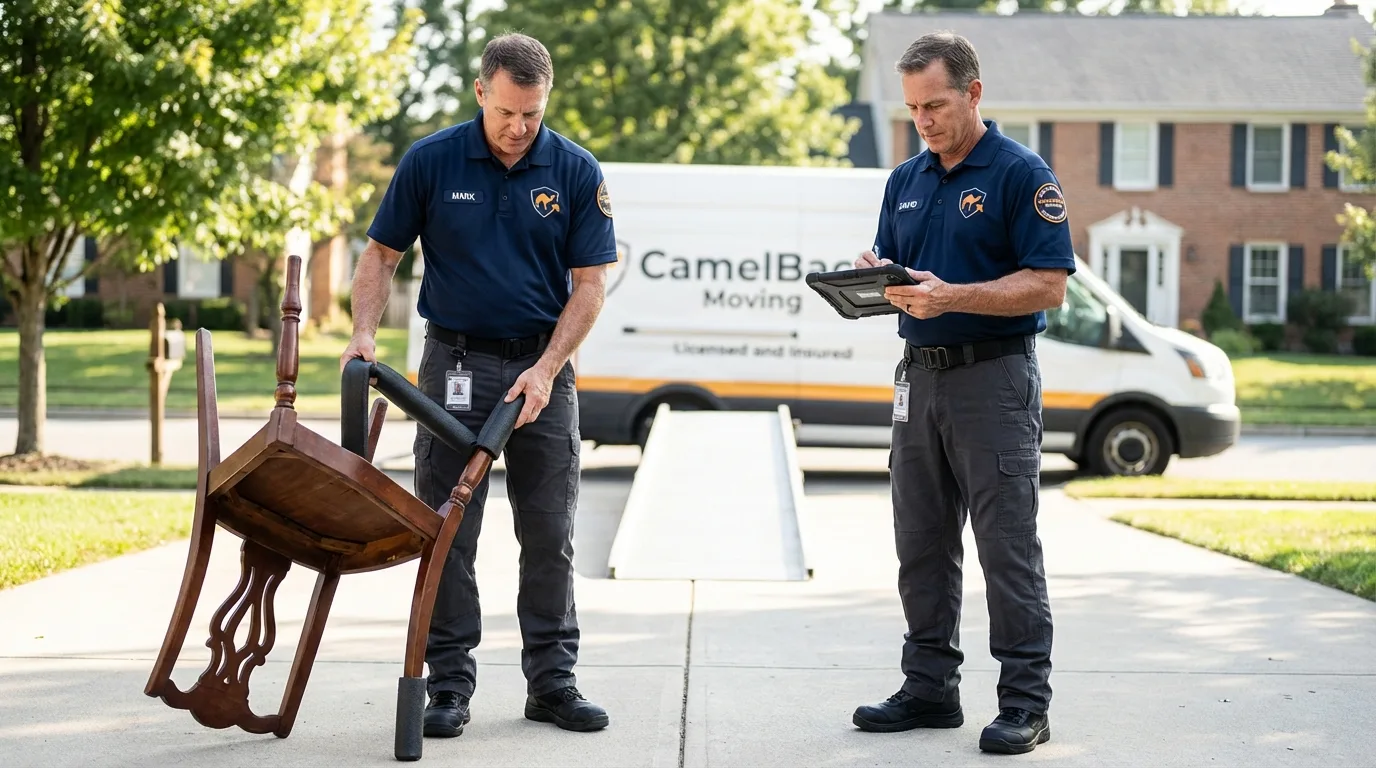 Movers inspecting furniture for damage prevention before loading in Middle Village, NY