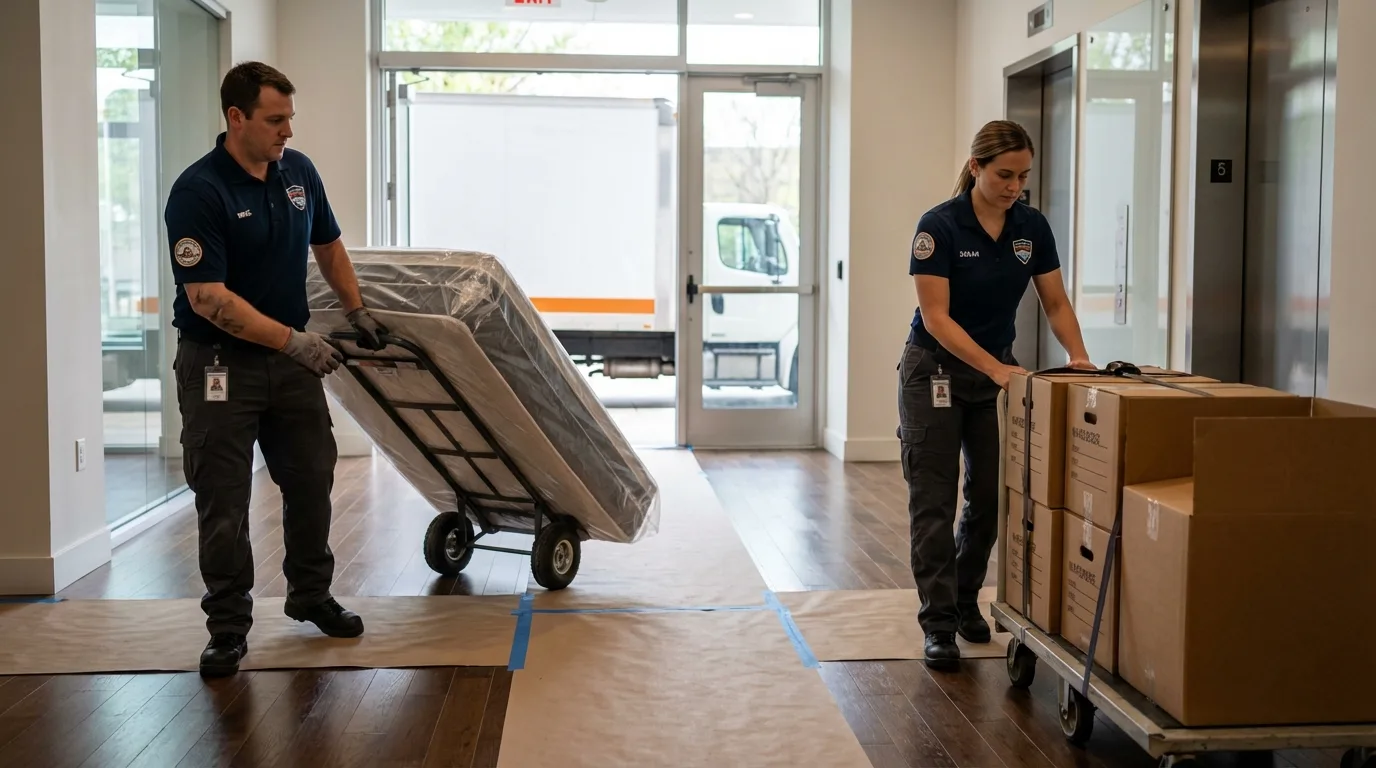 Professional apartment movers loading elevator in Middle Village, NY