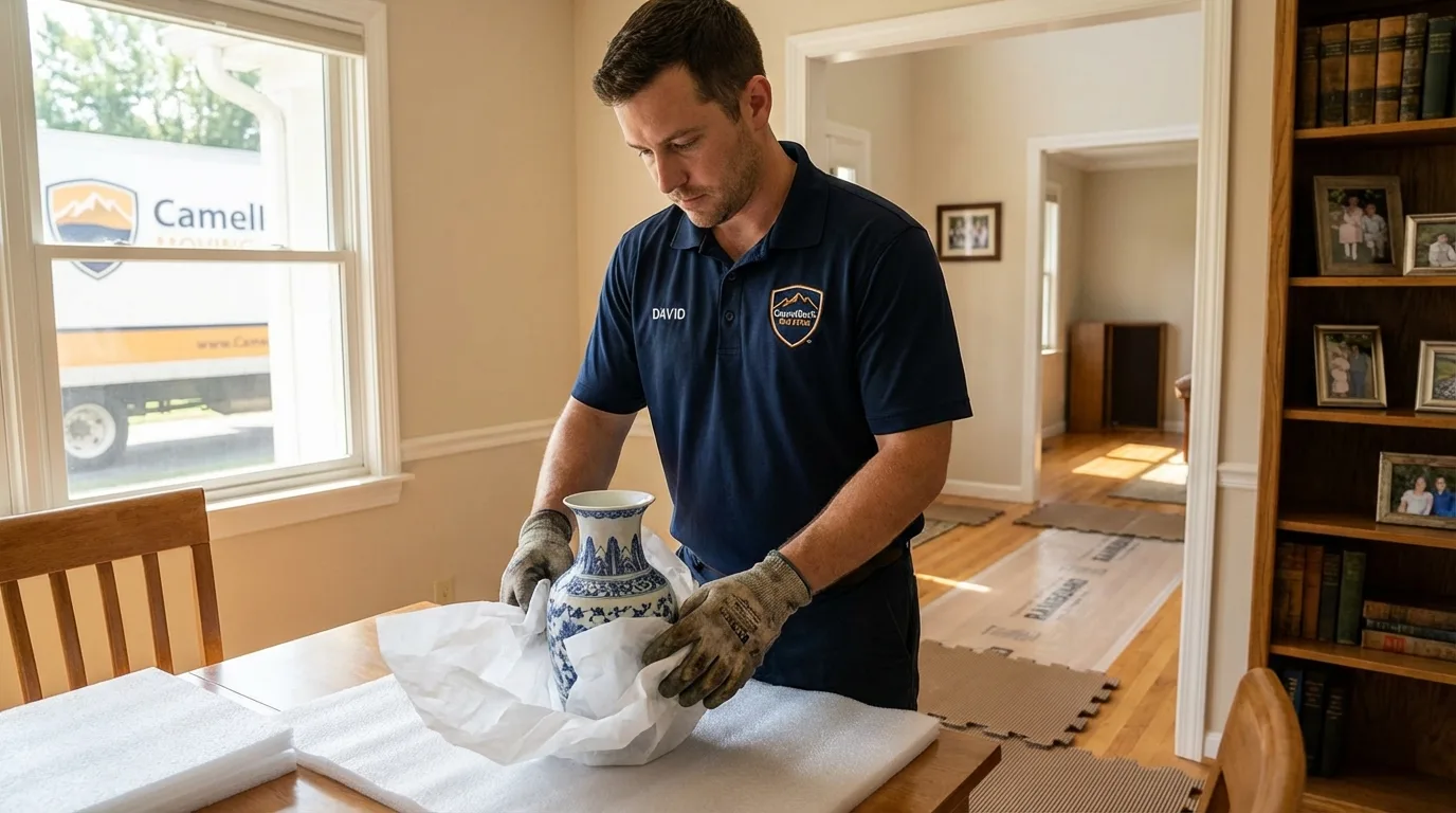 Professional crew carefully wrapping antique vase for senior downsizing move in Middle Village, NY