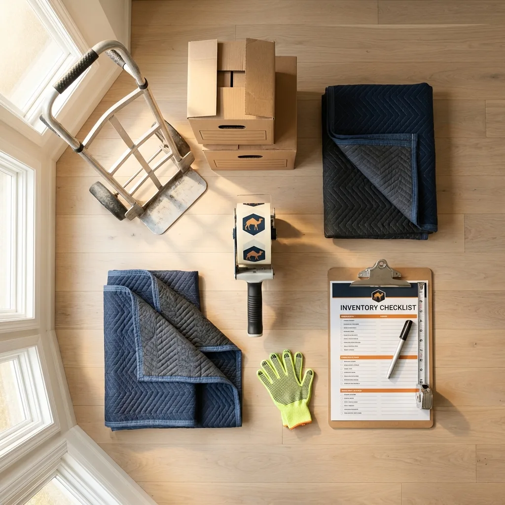 Professional moving supplies and packing materials layout for Middle Village residential relocations